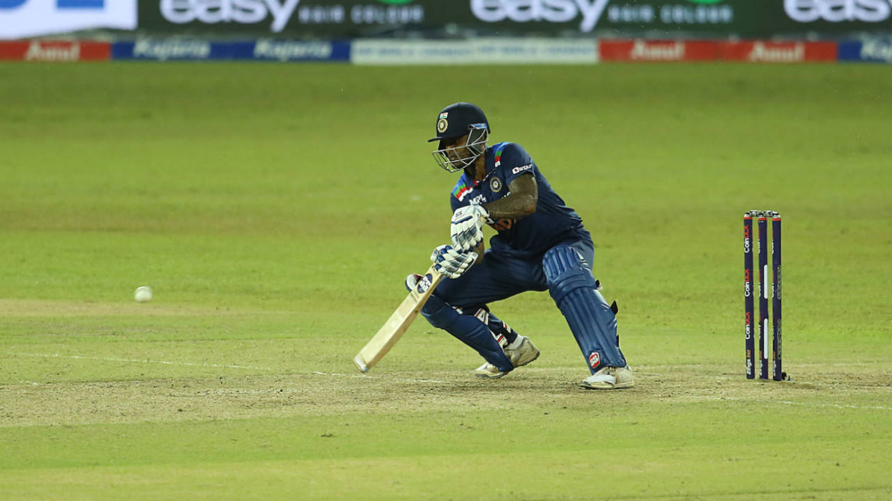 Suryakumar Yadav gets ready to scoop, Sri Lanka vs India, 1st T20I, Colombo, July 25, 2021