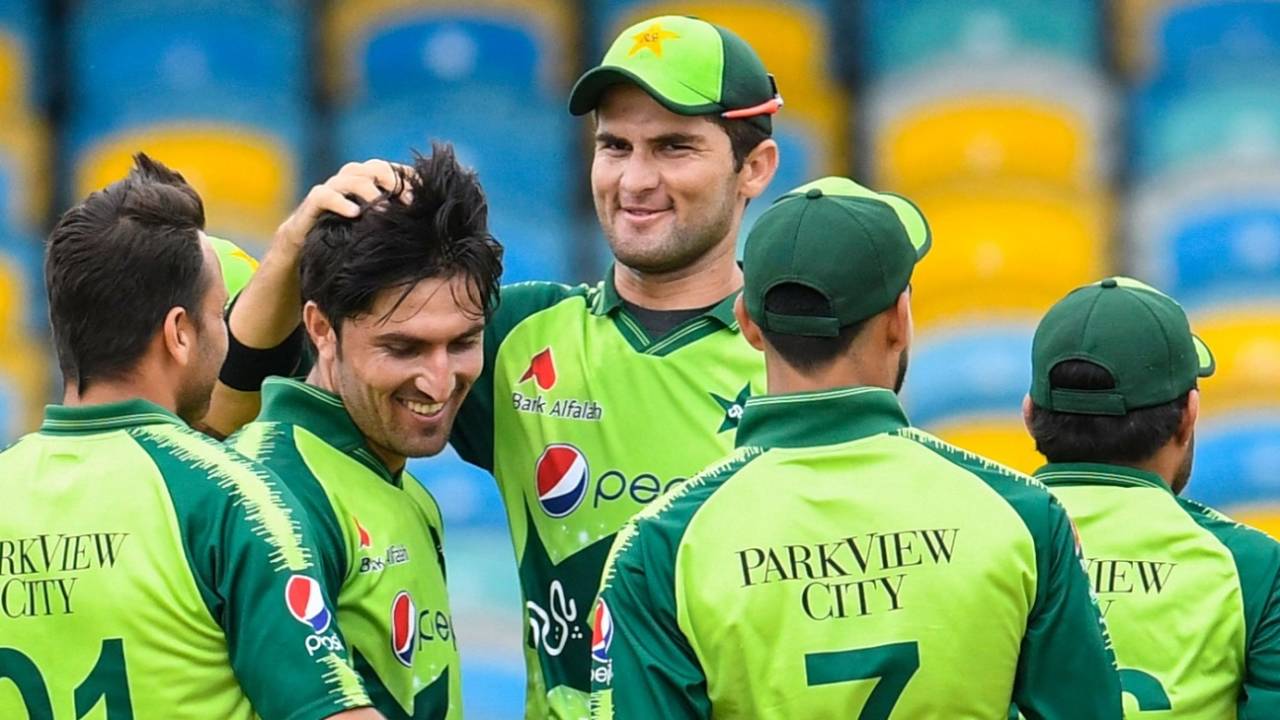 Mohammad Wasim celebrates with his team-mates after getting Chris Gayle, West Indies vs Pakistan, 1st T20I, Bridgetown, July 28, 2021