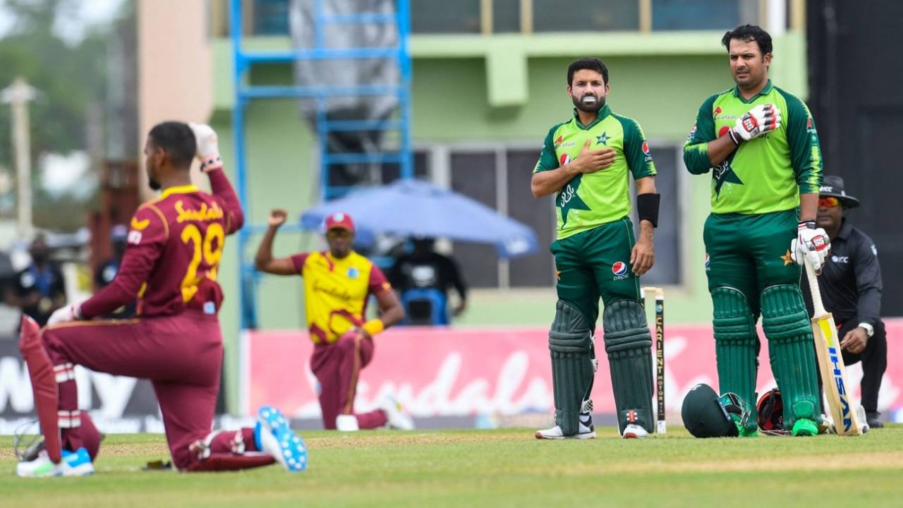 The West Indies players take a knee with the Pakistan team showing solidarity, West Indies vs Pakistan, 2nd T20I, Guyana, July 31, 2021