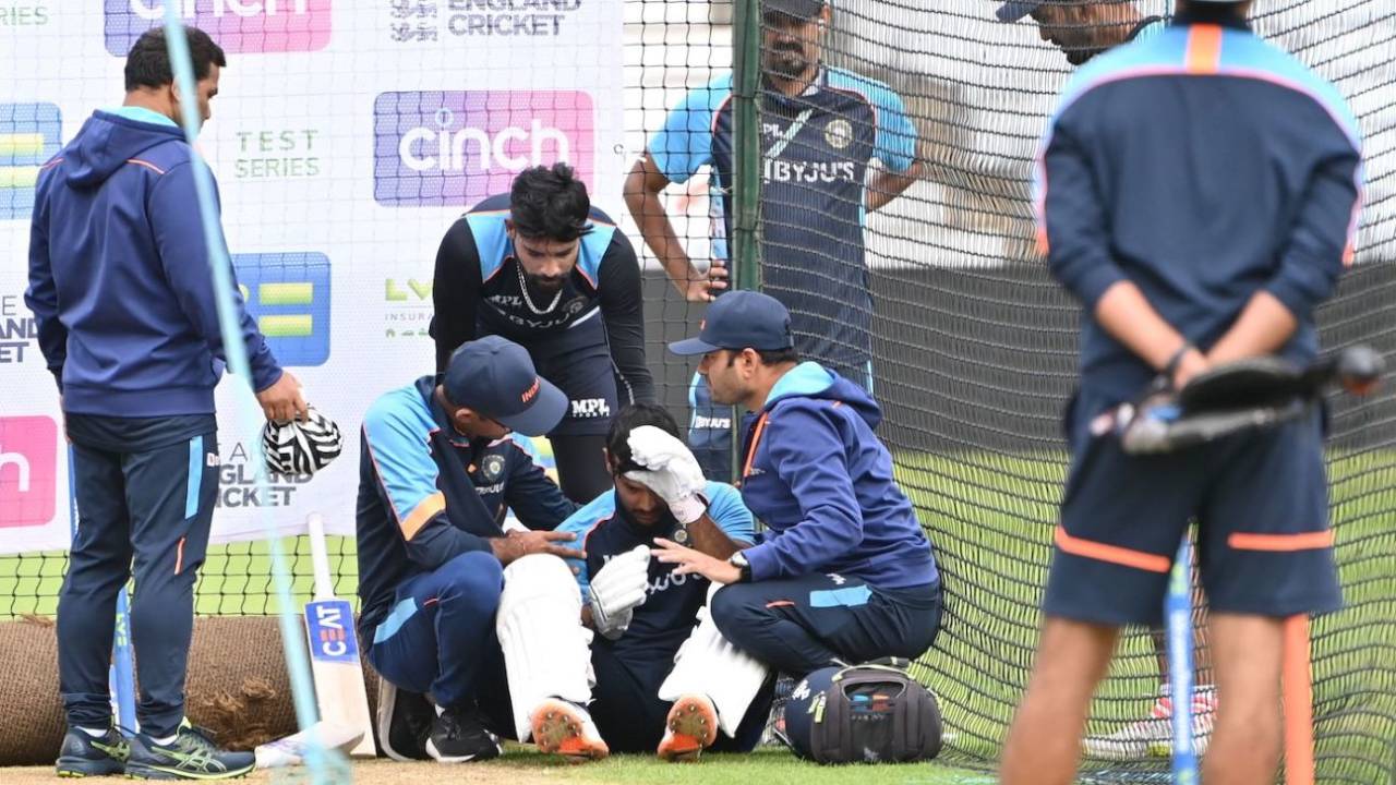Mayank Agarwal gets medical attention after being hit by a Mohammed Siraj bouncer, Nottingham, August 2, 2021