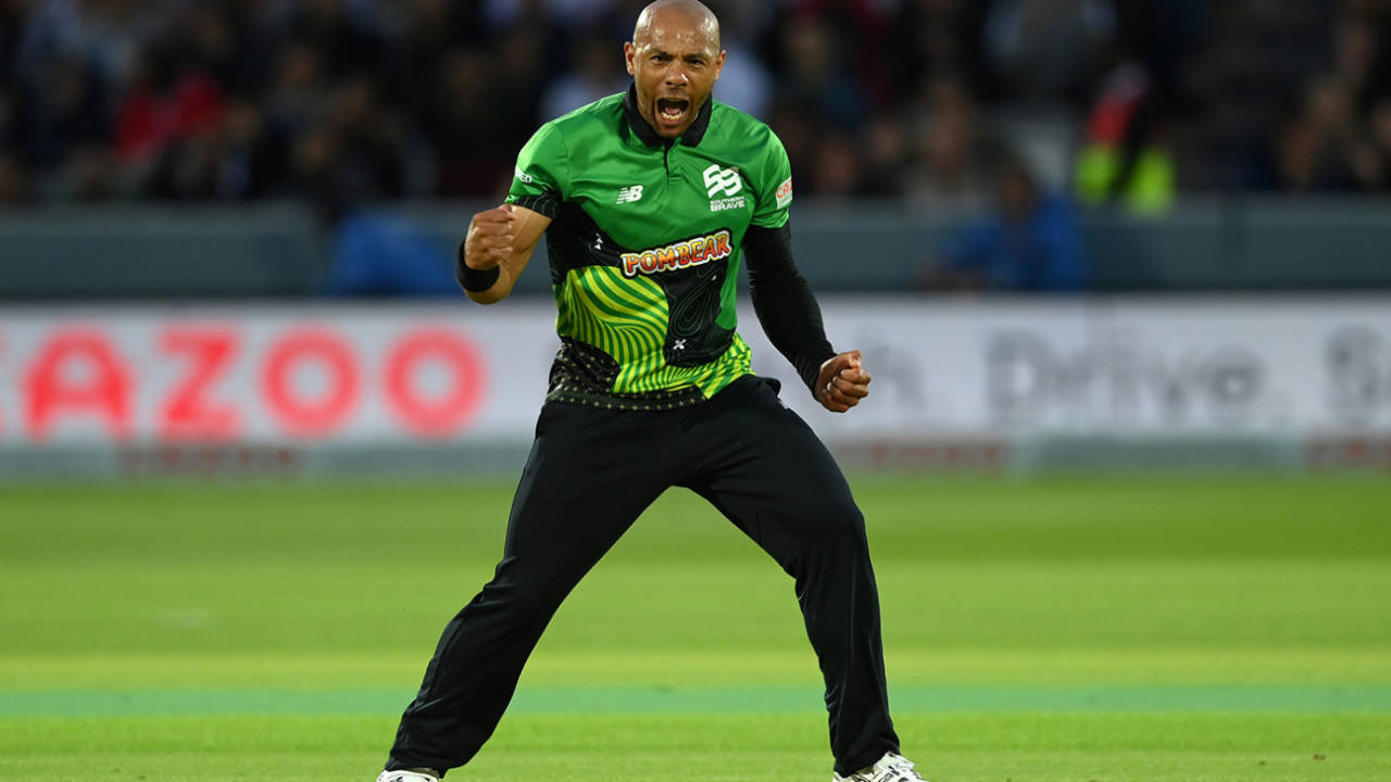 Tymal Mills celebrates a breakthrough at the death, London Spirit vs Southern Brave, Lord's, Men's Hundred, August 1, 2021