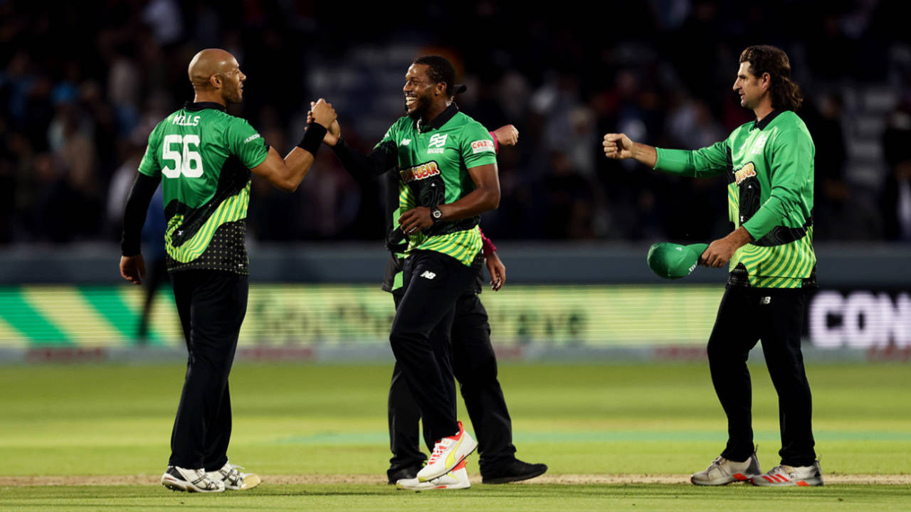 Tymal Mills celebrates the win with Chris Jordan and Colin de Grandhomme, London Spirit vs Southern Brave, Lord's, Men's Hundred, August 1, 2021