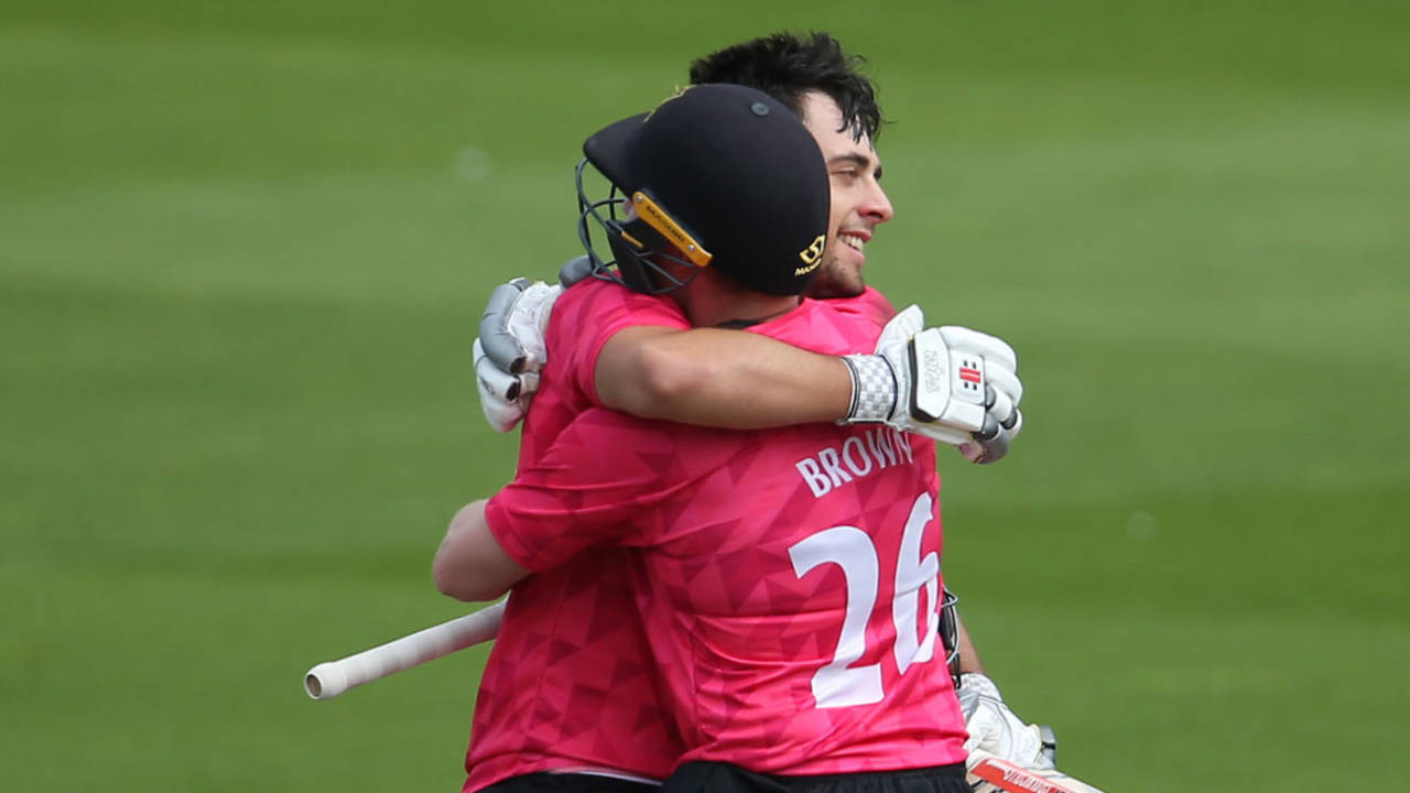 Tom Haines celebrates reaching his century with Ben Brown, Sussex vs Middlesex, Royal London Cup, Hove, August 12, 2021