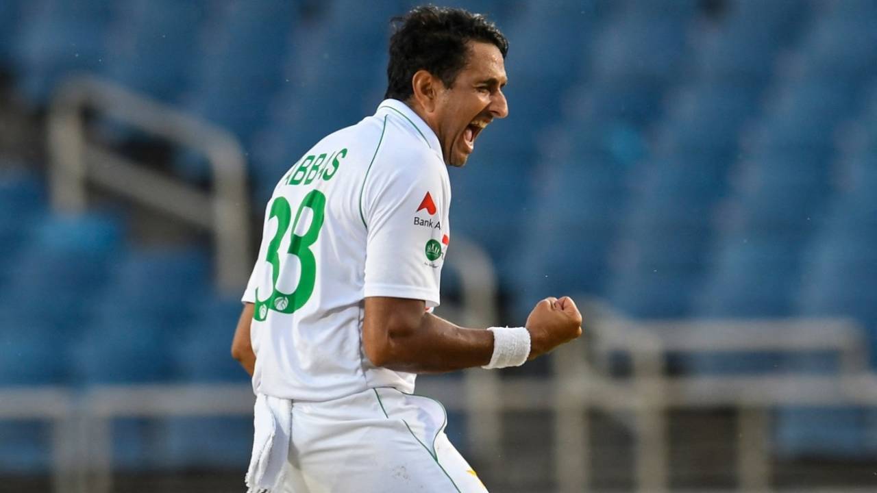 Mohammad Abbas celebrates a wicket, West Indies vs Pakistan, 1st Test, Kingston, 1st day, August 12, 2021