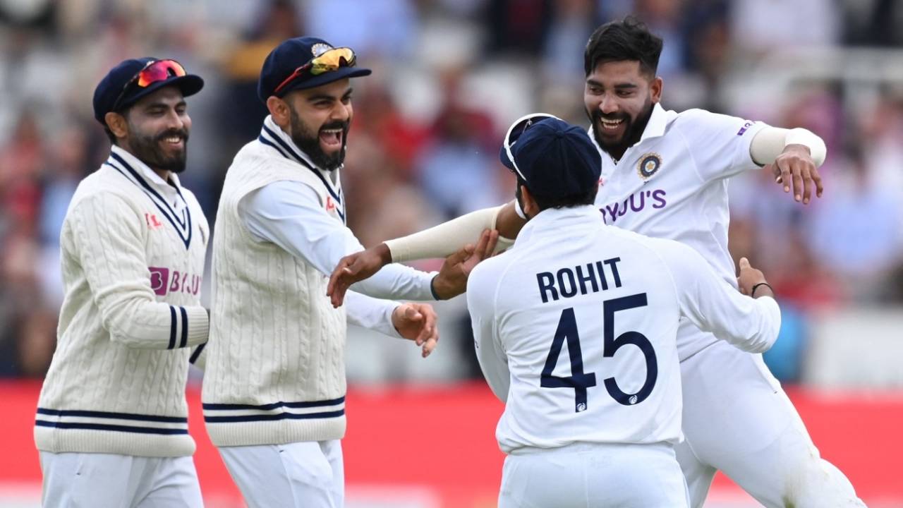 Mohammed Siraj celebrates with Rohit Sharma, Virat Kohli and Ravindra Jadeja, England vs India, 2nd Test, Lord's, London, 2nd day, August 13, 2021