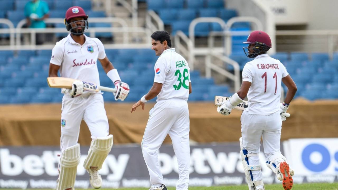 Roston Chase and Kraigg Brathwaite run as Mohammad Abbas looks on, West Indies vs Pakistan, 1st Test, Kingston, 2nd day, August 13, 2021