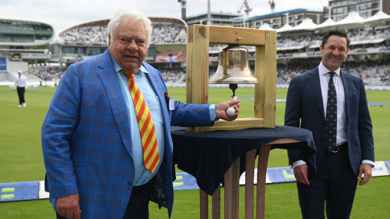 Farokh Engineer rings the Lord's bell ahead of the start of the third day's play, England vs India, 2nd Test, Lord's, London, 3rd day, August 14, 2021