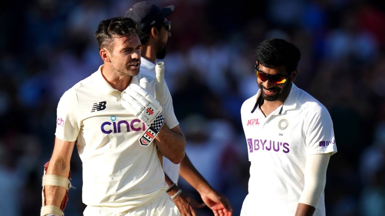 James Anderson has a chat with Jasprit Bumrah after being given a thorough working over by him, England vs India, 2nd Test, Lord's, London, 3rd day, August 14, 2021