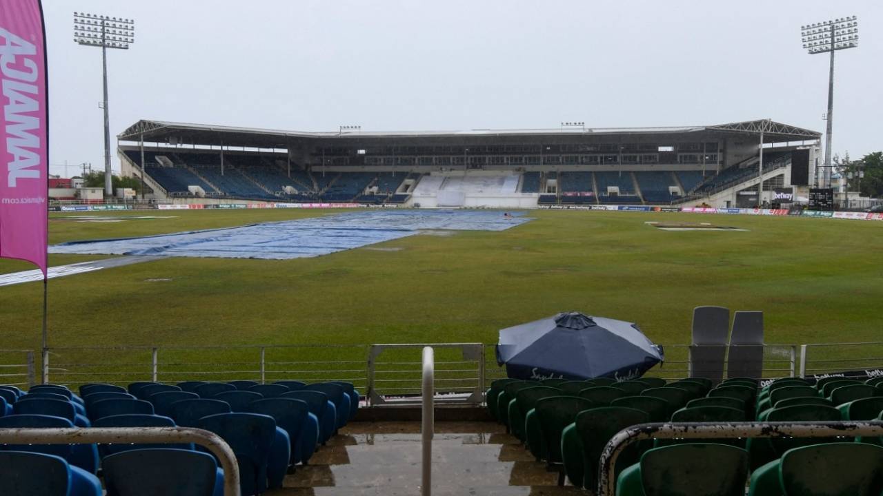 The pitch is covered after rain stops play at Sabina Park, West Indies vs Pakistan, 1st Test, Kingston, 3rd day, August 14, 2021