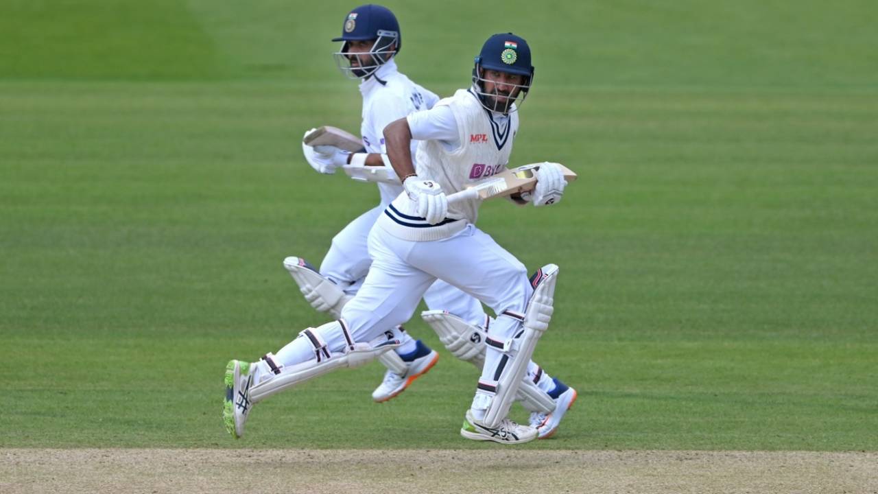Ajinkya Rahane and Cheteshwar Pujara run between the wickets, England vs India, 2nd Test, Lord's, London, 4th day, August 15, 2021

