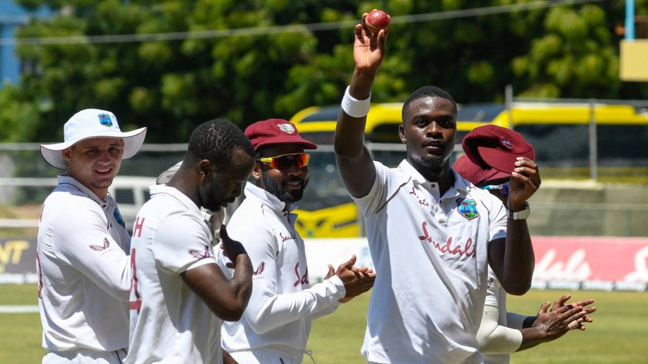 Jayden Seales shows off the ball after his maiden Test five-for, West Indies vs Pakistan, 1st Test, Kingston, 4th day, August 15, 2021