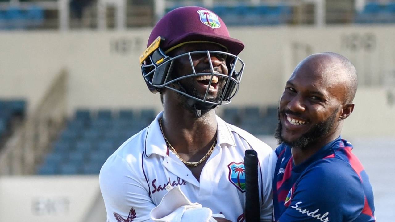 Kemar Roach and Jermaine Blackwood, heroes of West Indies' triumph, enjoy the winning moment, West Indies vs Pakistan, 1st Test, Kingston, 4th day, August 15, 2021