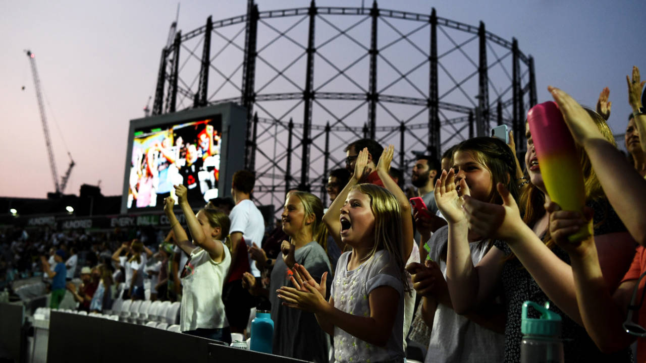 Young fans cheer during the opening Hundred game at The Oval, Oval Invincibles vs Manchester Originals, Women's Hundred, The Kia Oval, July 21, 2021