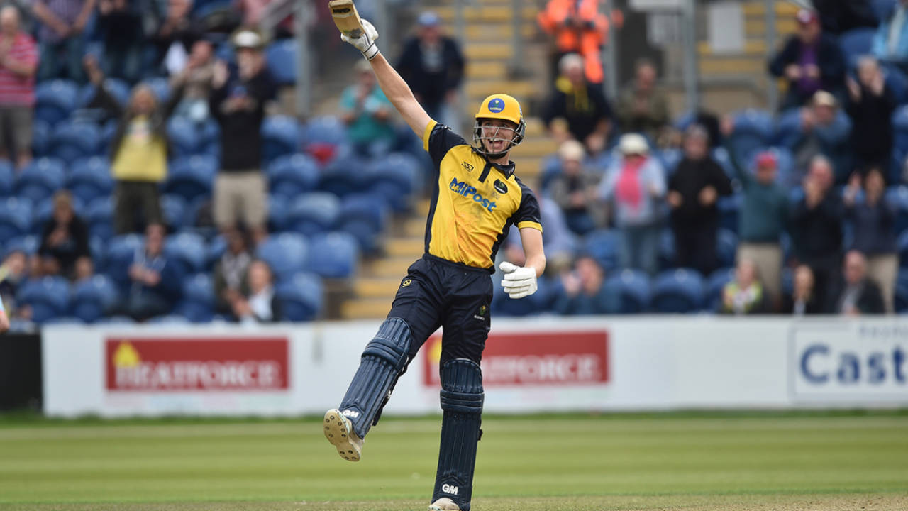 Joe Cooke celebrates the moment of victory, Glamorgan vs Essex, Royal London Cup semi-final, Cardiff, August 16, 2021