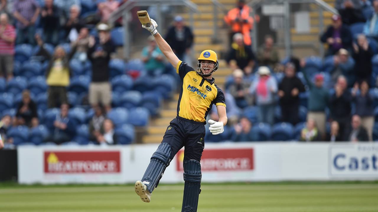 Joe Cooke celebrates the moment of victory, Glamorgan vs Essex, Royal London Cup semi-final, Cardiff, August 16, 2021