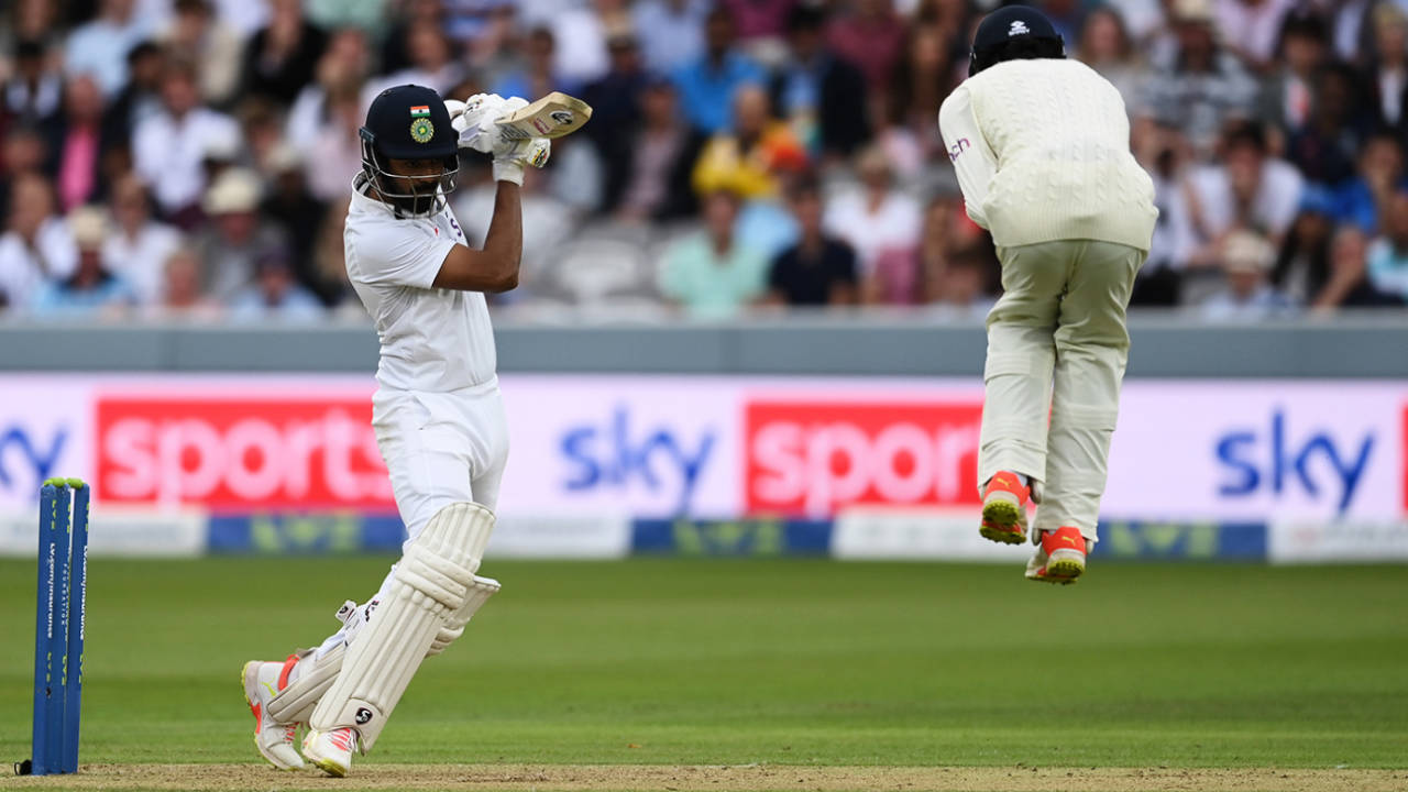 Haseeb Hameed leaps up to avoid getting hit by a KL Rahul drive, England vs India, 2nd Test, Lord's, 1st day, August 12, 2021