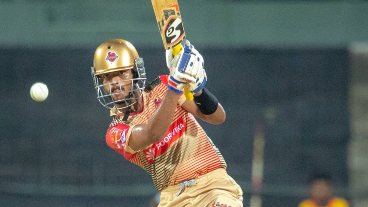 S Radhakrishnan hits down the ground, TNPL 2021, Chennai, August 19, 2021