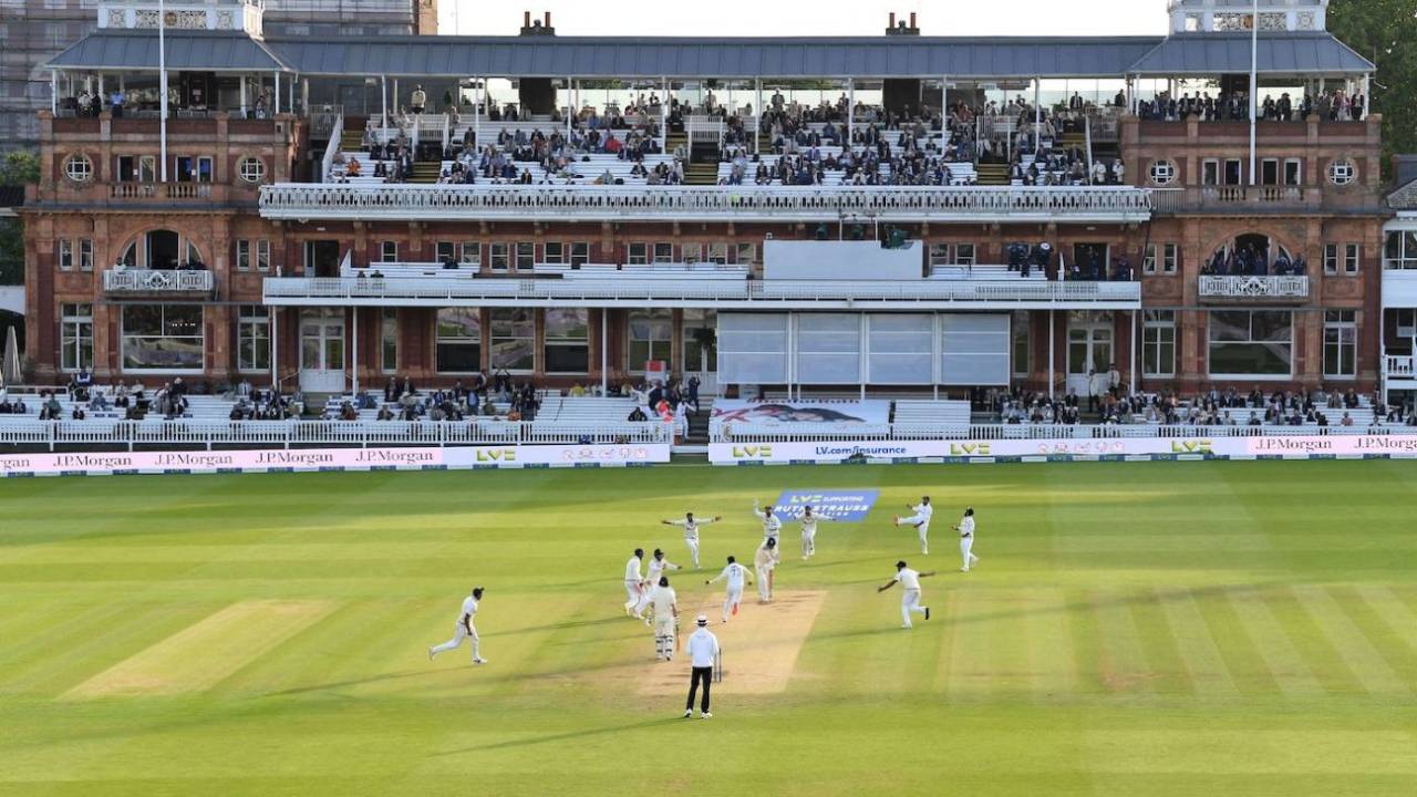 The celebrations begin for India as last-man James Anderson is bowled by Mohammed Siraj, England vs India, 2nd Test, Lord's, London, 5th day, August 16, 2021

