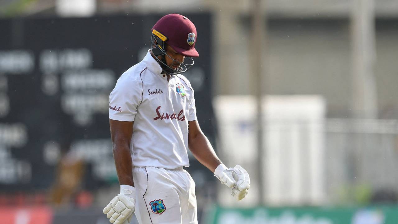 A dejected Kieran Powell walks back after another low score, West Indies vs Pakistan, 2nd Test, Jamaica, 3rd day, August 22, 2021