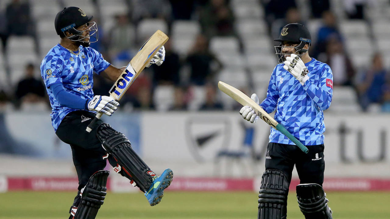 Rashid Khan and Chris Jordan celebrate after sealing Sussex's win, Yorkshire vs Sussex, Chester-le-Street, Vitality T20 Blast quarter-final, August 24, 2021
