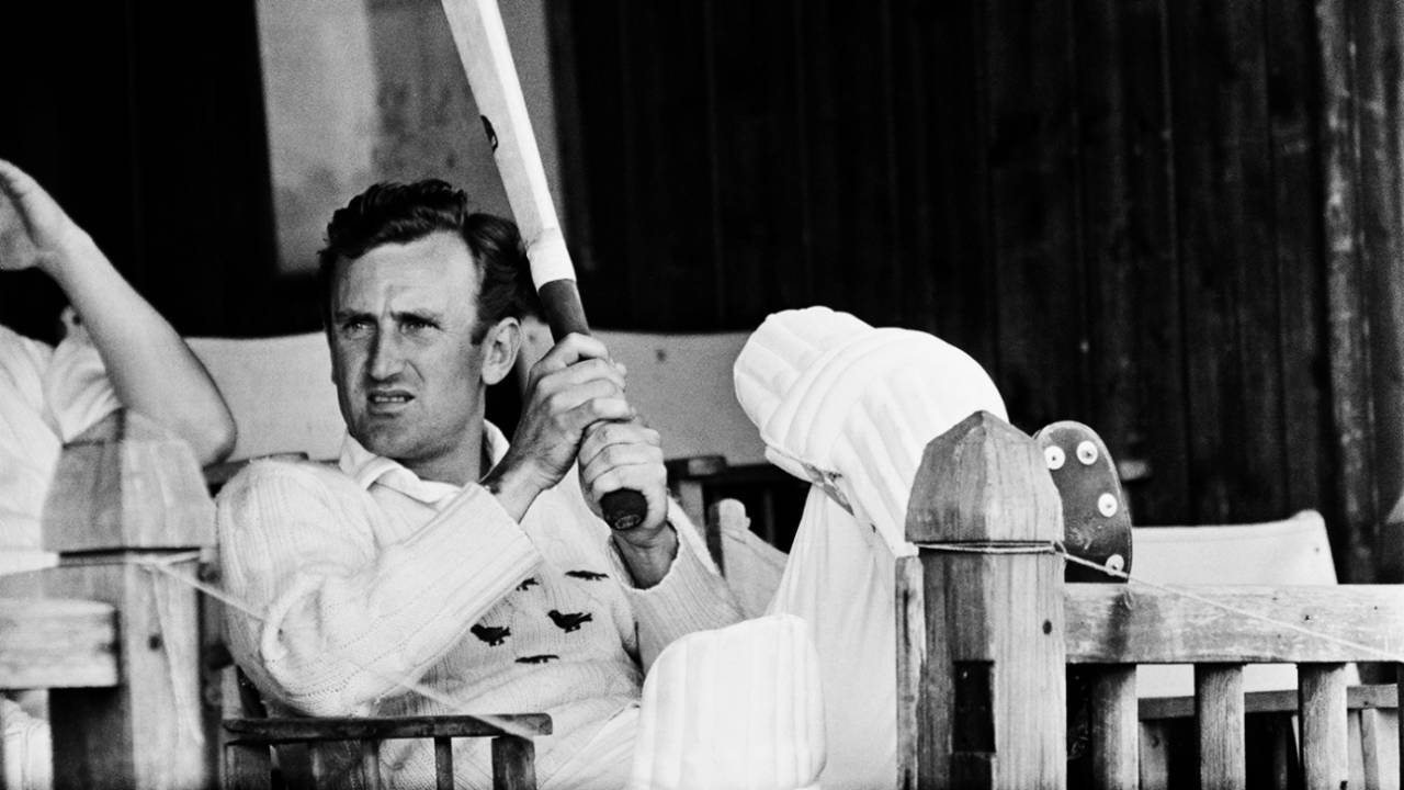 Ted Dexter sits on the verandah of the Tunbridge Wells pavilion during a county game, Kent v Sussex, County Championship, 3rd day, Tunbridge Wells, June 16, 1964