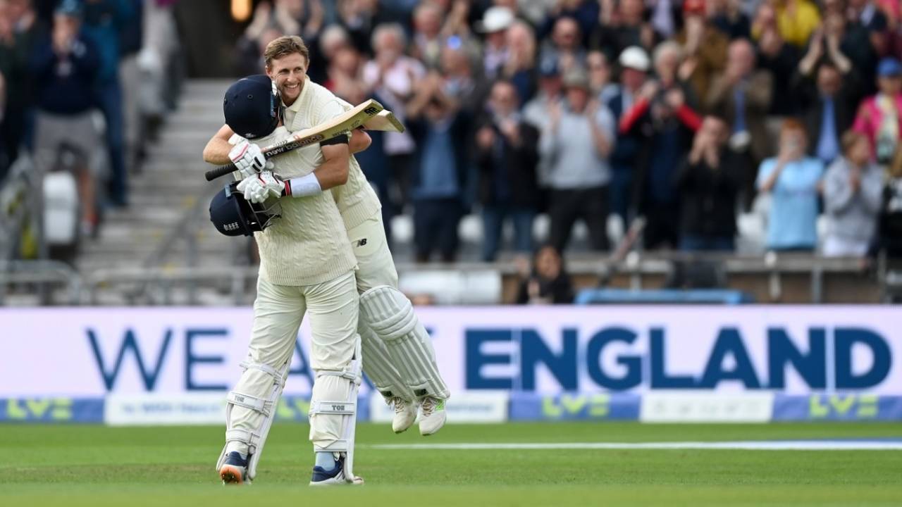 Joe Root is embraced by Jonny Bairstow after reaching his hundred, England vs India, 3rd Test, Leeds, 2nd day, August 26, 2021