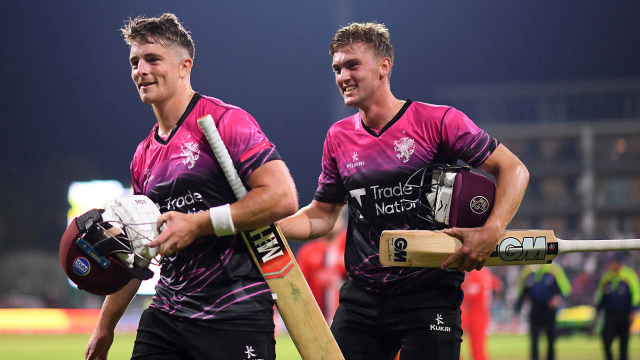 Tom Abell and Tom Lammonby walk off in celebratory mood, Vitality T20 Blast Quarter-Final, Somerset vs Lancashire, Taunton, August 26, 2021 in Taunton, England