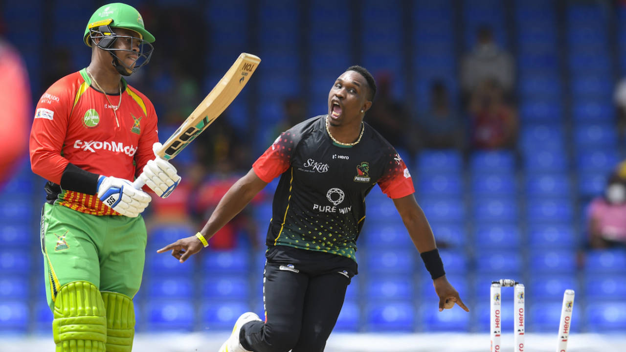 Dwayne Bravo celebrates after getting rid of Shimron Hetmyer, Guyana Amazon Warriors vs St Kitts & Nevis Patriots, CPL 2021, Basseterre, August 28, 2021