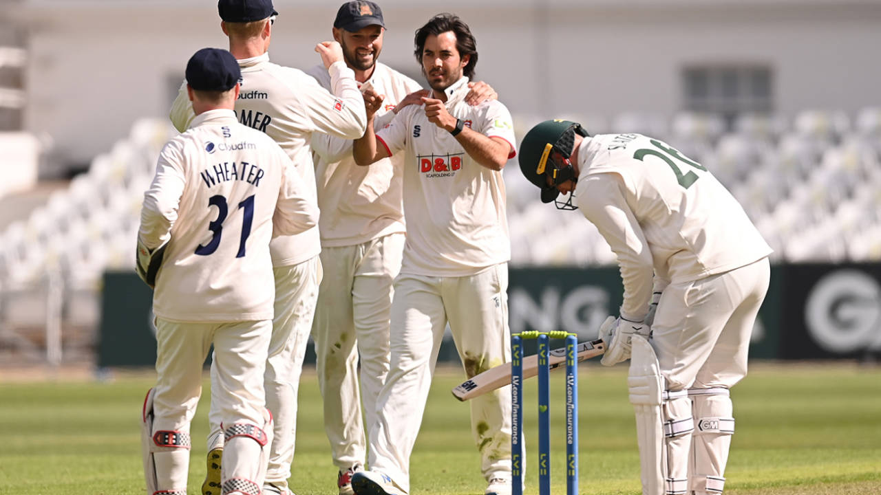 Shane Snater is congratulated on a breakthrough, LV= Insurance County Championship, Nottinghamshire vs Essex, Trent Bridge, May 6, 2021
