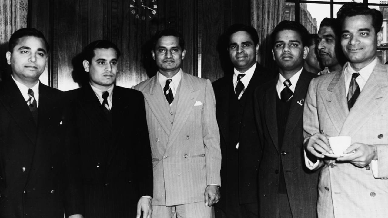 Khokhan Sen, Pankaj Roy, Vijay Hazare, Ramesh Divecha, Vijay Manjrekar and Sadu Shinde at a reception in India House in London, April 25, 1952