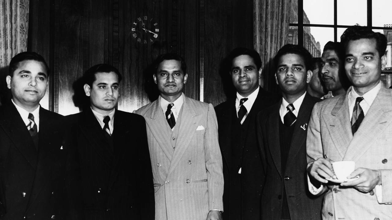 Khokhan Sen, Pankaj Roy, Vijay Hazare, Ramesh Divecha, Vijay Manjrekar and Sadu Shinde at a reception in India House in London