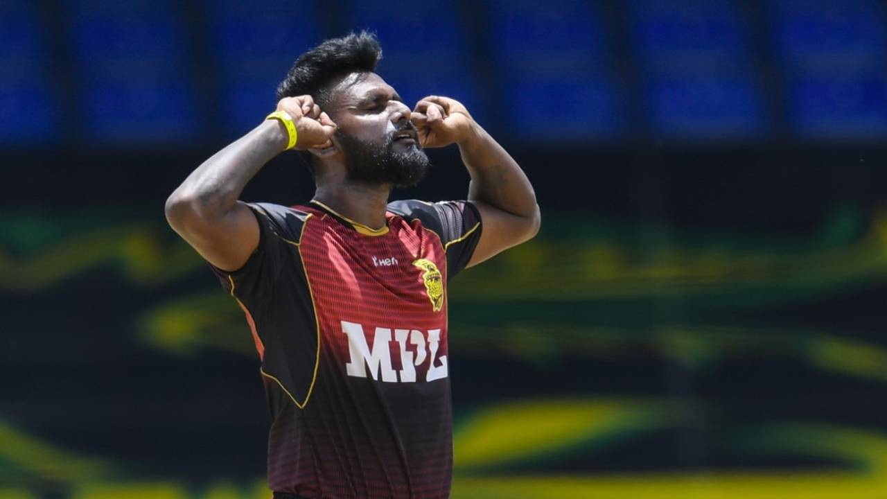 Isuru Udana with his trademark 'I can't hear you' hands in ears wicket celebration, Trinbago Knight Riders v St Lucia Kings, CPL 2021, August 31, 2021