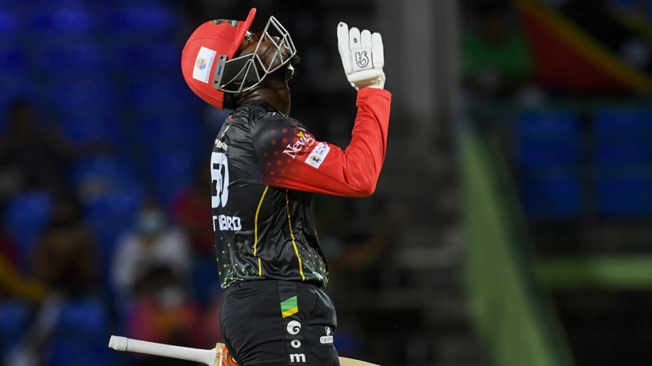 Sherfane Rutherford looks to the skies after yet another half-century, Jamaica Tallawahs vs St Kitts and Nevis Patriots, CPL 2021, Basseterre, September 1, 2021