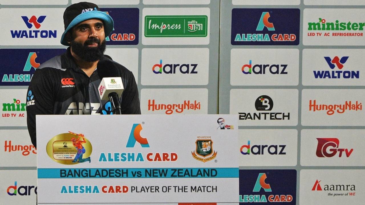 Ajaz Patel was named Player of the Match for his 4 for 16, Bangladesh vs New Zealand, 1st T20I, Dhaka, September 5, 2021