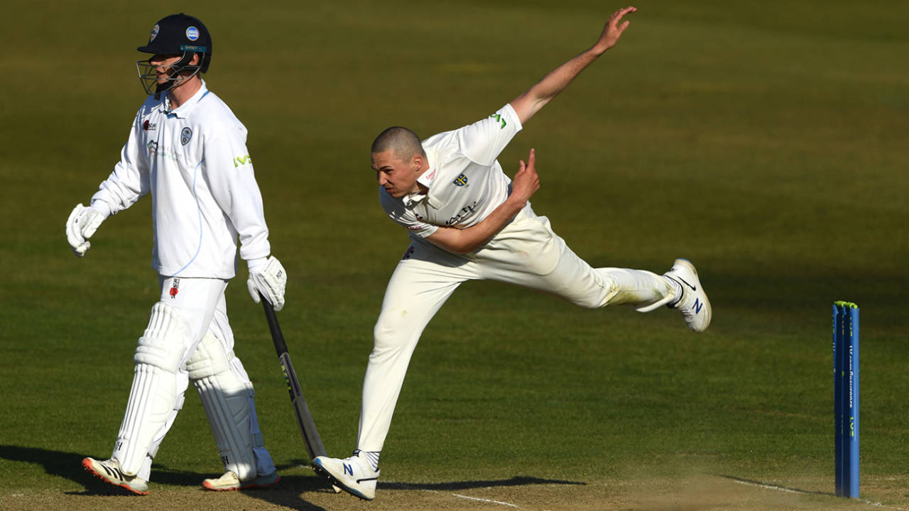 Paul Coughlin sends one down, LV= Insurance County Championship, Durham vs Derbyshire, 4th day, Chester-le-Street, April 25, 2021