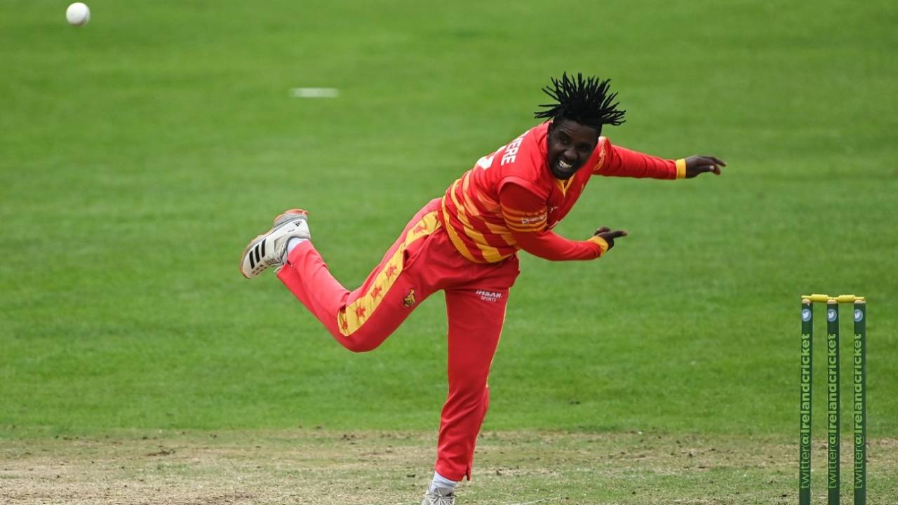 Wessley Madhevere in his delivery stride, Zimbabweans vs Ireland A, Tour match, Belfast, September 6, 2021