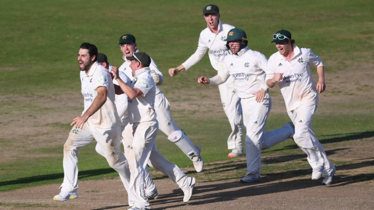 Brett Hutton is mobbed after claiming the decisive wicket of Saqib Mahmood, Nottinghamshire vs Lancashire, County Championship, Division One, Trent Bridge, September 8, 2021