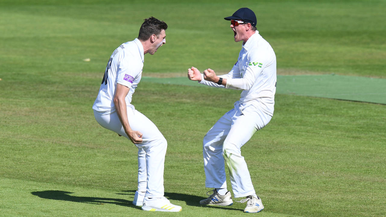 Brad Wheal and Nick Gubbins celebrate the moment of victory, Warwickshire vs Hampshire, County Championship, Edgbaston, 4th day, September 8, 2021