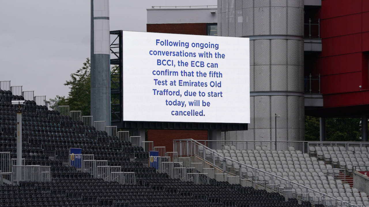 The message on the scoreboard after the fifth Test was called off&nbsp;&nbsp;&bull;&nbsp;&nbsp;PA Photos/Getty Images