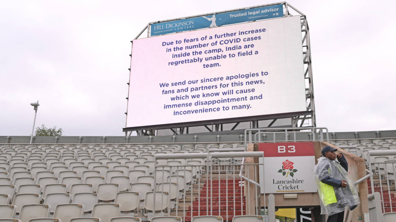 The big screen provides the update after the Old Trafford Test was cancelled&nbsp;&nbsp;&bull;&nbsp;&nbsp;Getty Images