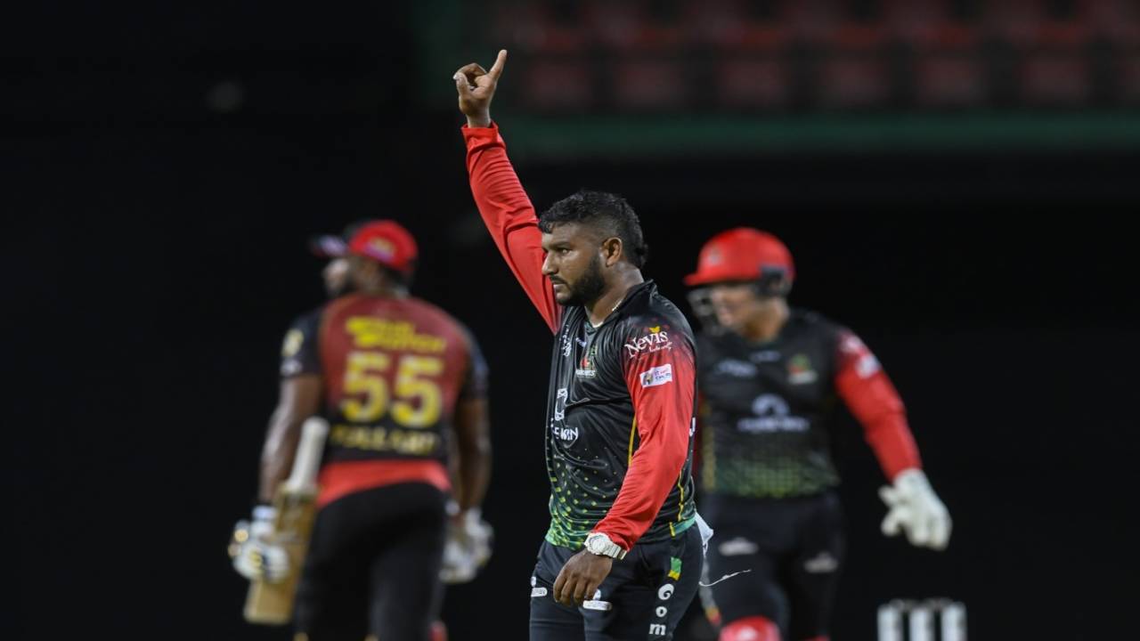 Jon-Russ Jaggesar celebrates one of his three wickets, Trinbago Knight Riders vs St Kitts and Nevis Patriots, CPL 2021, Basseterre, September 11, 2021