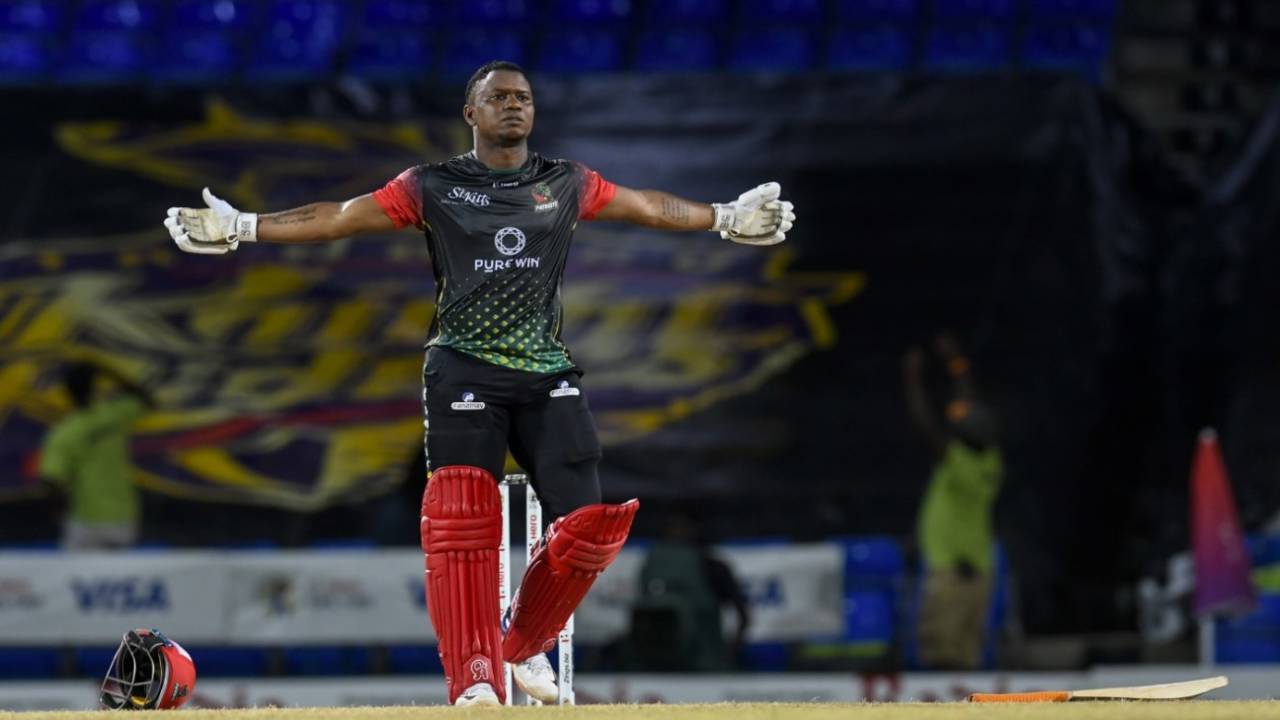 Evin Lewis celebrates his brilliant century, Trinbago Knight Riders vs St Kitts and Nevis Patriots, CPL 2021, Basseterre, September 11, 2021