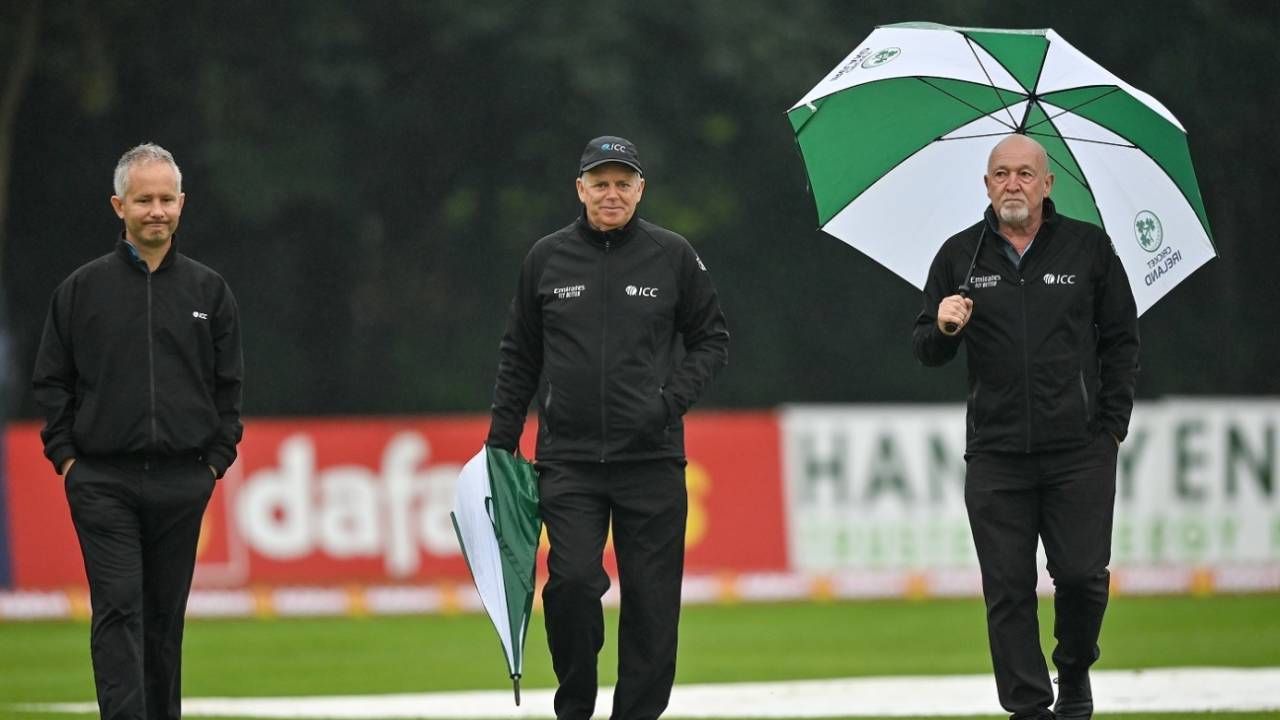 Umpires Paul Reynolds, Mark Hawthorne and Alan Neill arrive for pitch inspection, Ireland vs Zimbabwe, 3rd ODI, Belfast, September 13, 2021