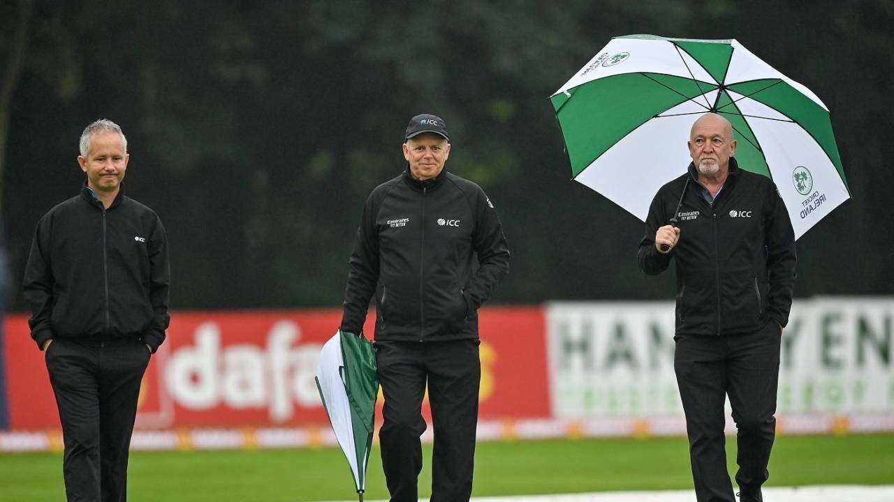 Umpires Paul Reynolds, Mark Hawthorne and Alan Neill arrive for pitch inspection, Ireland vs Zimbabwe, 3rd ODI, Belfast, September 13, 2021