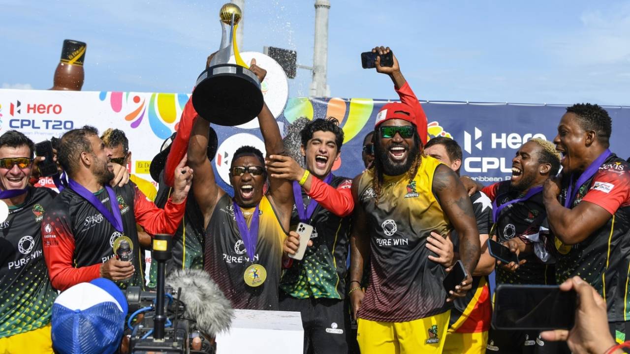 Dwayne Bravo and Chris Gayle celebrate St Kitts and Nevis Patriots' CPL title win, Caribbean Premier League (CPL) 2021 final, Basseterre, September 15, 2021