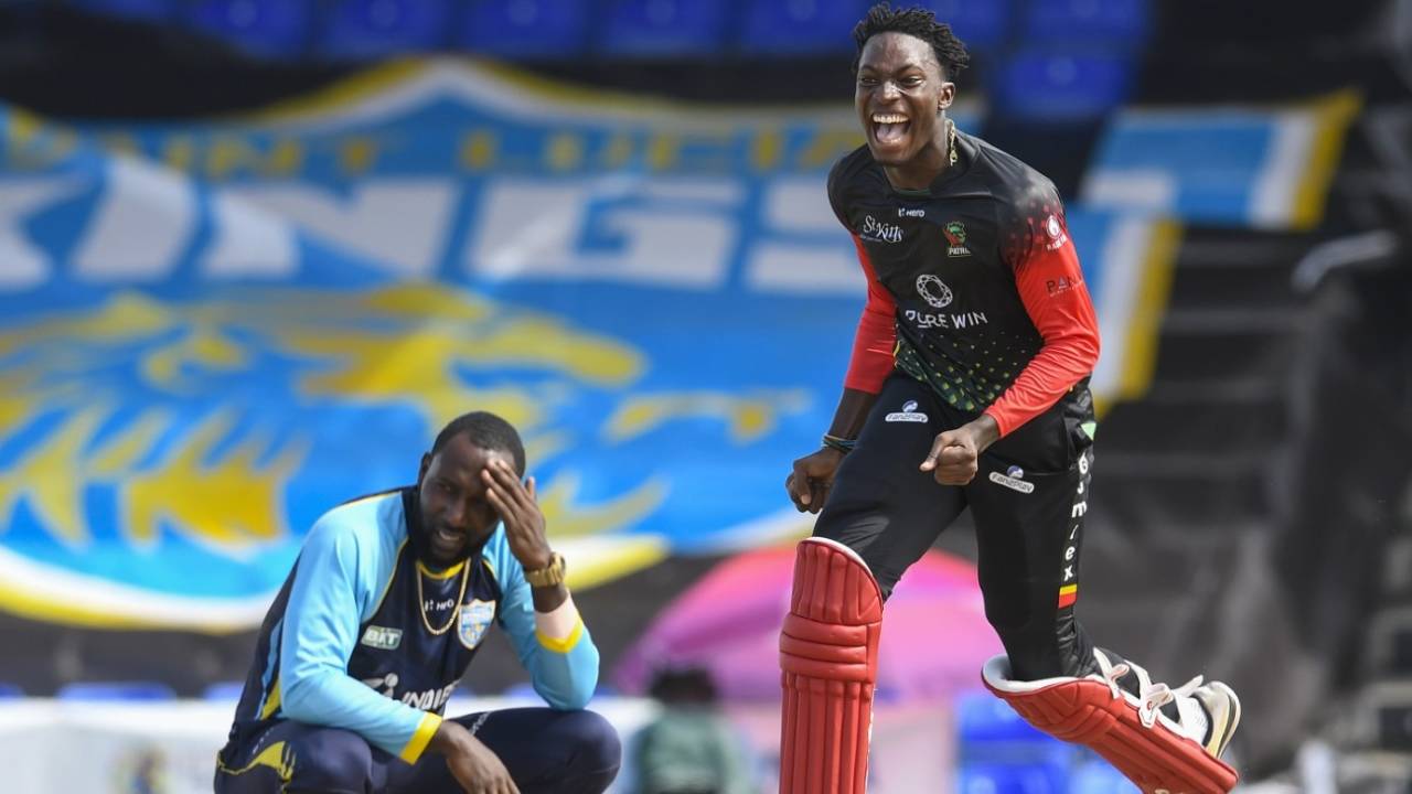 Dominic Drakes is ecstatic after hitting the winning run off Kesrick Williams, St Lucia Kings vs St Kitts and Nevis Patriots, CPL 2021, final, Basseterre, September 15, 2021