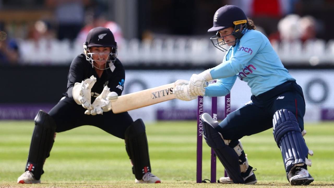 Tammy Beaumont climbs into a cut during the first ODI, England vs New Zealand, 1st Women's ODI, Bristol, September 16, 2021