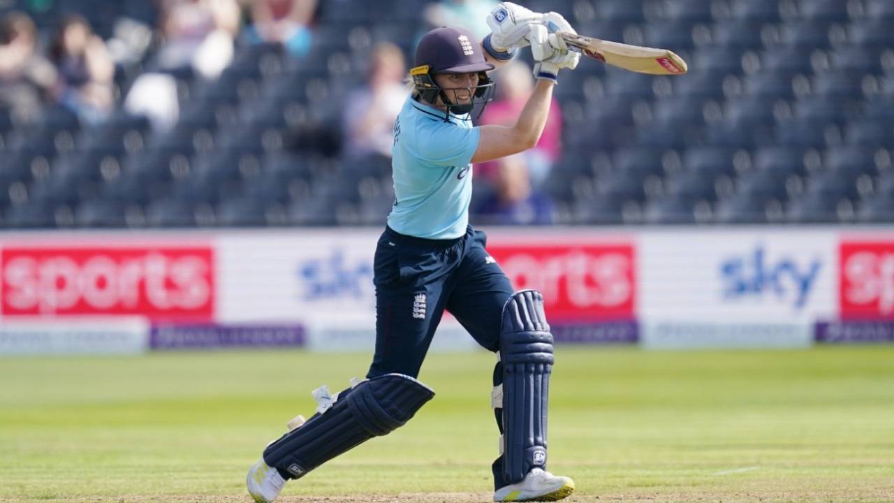 Heather Knight drives during her half-century, England vs New Zealand, 1st Women's ODI, Bristol, September 16, 2021