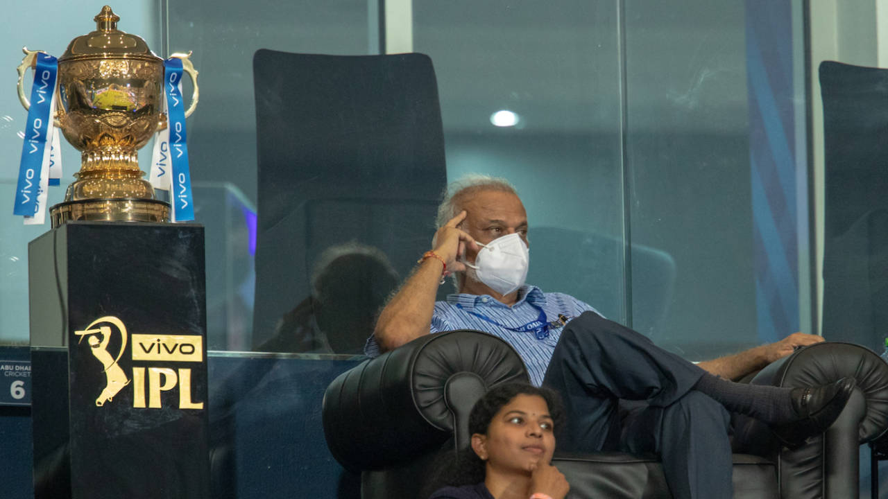 IPL chairman Brijesh Patel watches the match with the IPL trophy not far from him, Kolkata Knight Riders vs Royal Challengers Bangalore, IPL 2021, Abu Dhabi, September 20, 2021