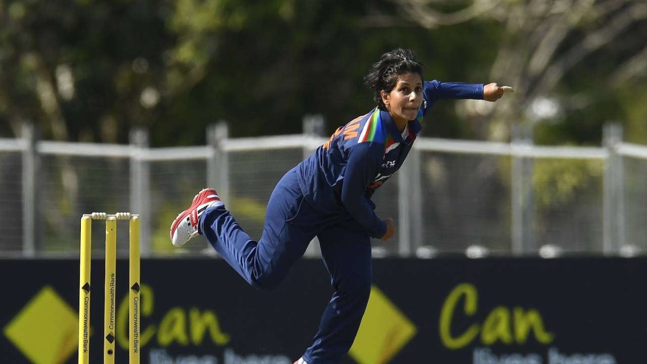 Poonam Yadav in her follow-through, Australia vs India, 1st Women's ODI, Mackay, September 21, 2021